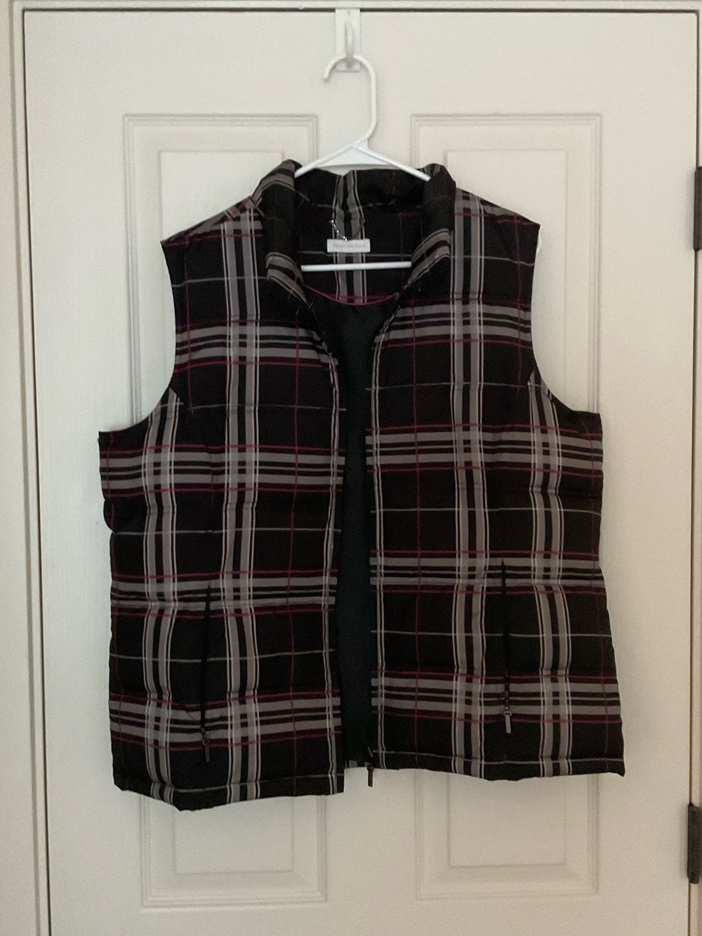 Charter Club Black and Gray Plaid Lined Vest with Pink Trim